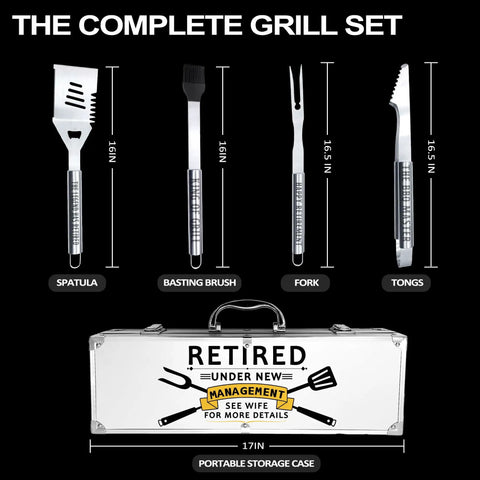 Heavy Duty Grillin Gift Set For Retired Men Dad Grandpa Boss Coworker Teacher BBQ Lovers Stainless Steel Grill Utensils With Non Slip Handles In A Durable Aluminum Carry Case displaying spatula, basting brush, fork, tongs, and storage case.