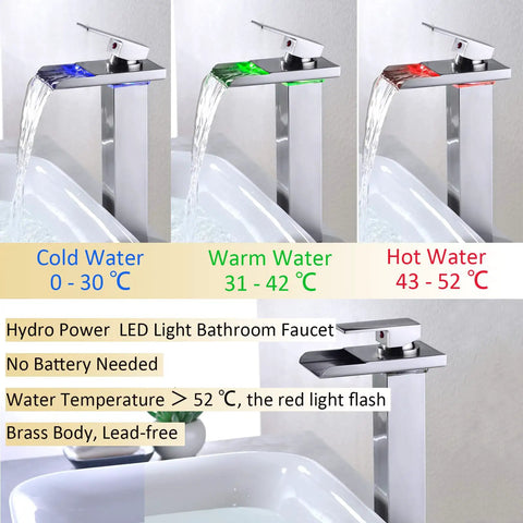 Lit LED Waterfall Bathroom Faucet showing color-changing LEDs for cold, warm, hot water; made of solid brass, oil-rubbed bronze finish.