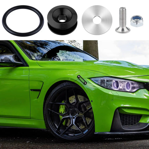Universal Car Bumper Quick Release Kit 18 Piece Set In Black With Quick Release Tabs Nuts Bolts Washers And O Rings installed on green car