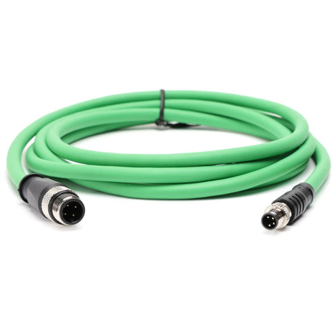 Industrial M8 A-Coded to M12 D-Coded 4-Pin Ethernet Cable PUR Shielded 5M shown with green cord and connectors