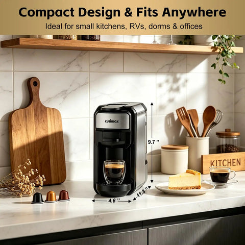 Single Serve Espresso Machine for Nespresso Pods Compatible with Original and Other Brands, Adjustable Brew Size, 19 Bar Pressure, Stainless Steel Coffee Maker on kitchen counter