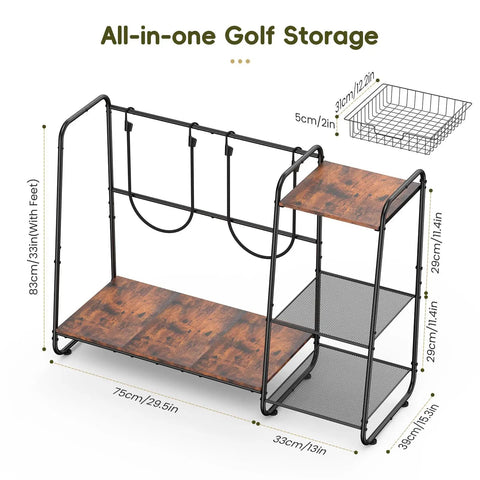 Garage Ready Golf Bag Storage Organizer for Two Bags with Wheels and Stable Feet, rack dimensions visible