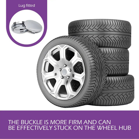 Four Pack Universal Snap In Wheel Center Hub Caps In Matte Silver Sheen Heavy Duty Polymer Shell shows lug fitted design with tires.