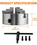 Eight Inch Three Jaw Lathe Chuck Self Centering Hardened Steel with T Key and Bolts, 180mm BCD, 65mm Hole