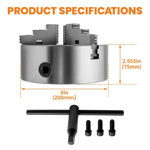 Eight Inch Three Jaw Lathe Chuck Self Centering Hardened Steel with T Key and Bolts, 180mm BCD, 65mm Hole