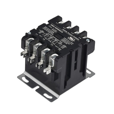 4 Pole 40 Amp 120V coil contactor for HVAC and refrigeration systems, UL recognized, Siemens compatible, side view, black