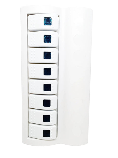 8 Gang White Boat Switch Panel With Blue LED Indicator Rocker Circuit Breaker Splashproof Marine Panel Made From UV Stabilized Plastic UL Approved