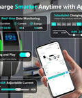 Level 2 Home EV Charger 9.6kW 40A With LCD Display 240V NEMA 14 50 Plug Wall Mounted shown with app control on phone screen.