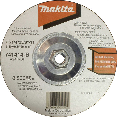 Label of 7 Inch Hubbed Grinding Wheel Set, 10 Pack For Angle Grinders, showing model 741414-B specifications and safety warnings.