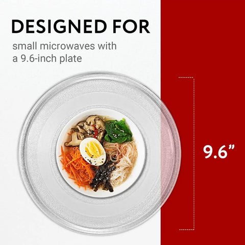 9.6 Inch Glass Microwave Turntable Replacement With 3 Part Coupler And Centerpiece, Tempered Clear Plate, Your Go To Replacement For LG Sears Kenmore Emerson And HighPointe Microwave Models displayed with food