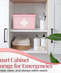 Pink Vintage 13 Inch Metal First Aid Box Organizer With Removable Tray, Adjustable Dividers, And White Cross Logo on shelf