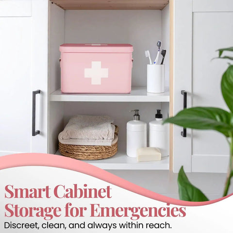 Pink Vintage 13 Inch Metal First Aid Box Organizer With Removable Tray, Adjustable Dividers, And White Cross Logo on shelf