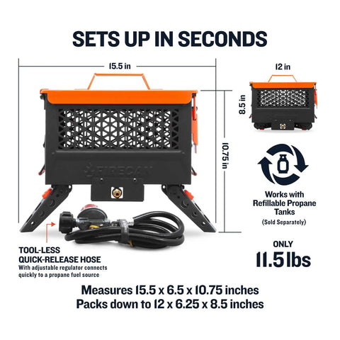Image showing Portable Propane Fire Pit Kit With Hose And Adjustable Regulator In Rugged Ammo Can Design for quick setup, dimensions labeled.