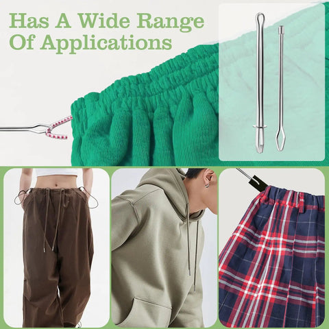 12 Pack Metal Drawstring Threaders With Clip For Quick Elastic Waistband Repairs and garment applications collage