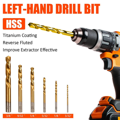 11 Pcs Left Hand Screw Extractor Set With Quick Adapter, bolt and nut remover kit drill bits shown with titanium coating and reverse flutes