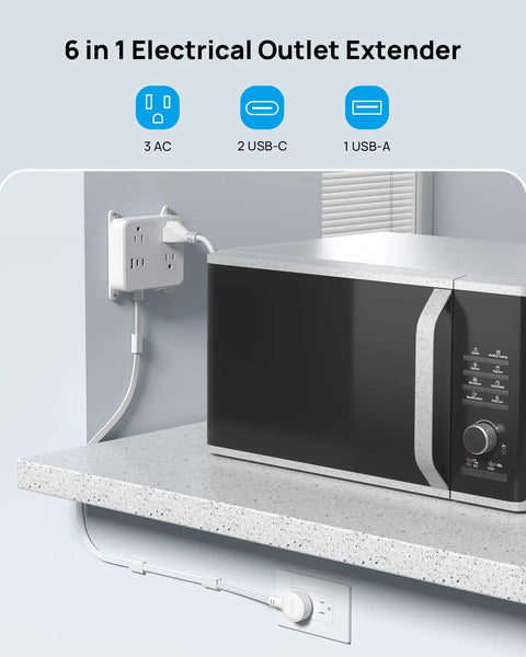 6 in 1 electrical outlet extender powering a microwave on a kitchen counter