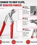 Professional Grade Auto Clip Pliers Built For Quick No Fuss Damage Free Extraction Of Car Trim Fasteners And Panel Removers Featuring Angled Stainless Steel Jaws Four Point Grip And Zero Scratches with red rubber grips.