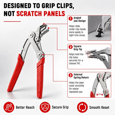 Professional Grade Auto Clip Pliers Built For Quick No Fuss Damage Free Extraction Of Car Trim Fasteners And Panel Removers Featuring Angled Stainless Steel Jaws Four Point Grip And Zero Scratches with red rubber grips.