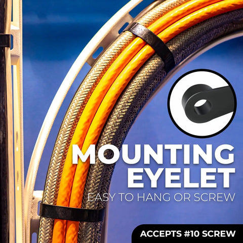 Heavy Duty Black Cable Ties 1000 Pack 8 Inch Nylon Zip Ties With Screw Down Hole Mounts cables, text overlay.
