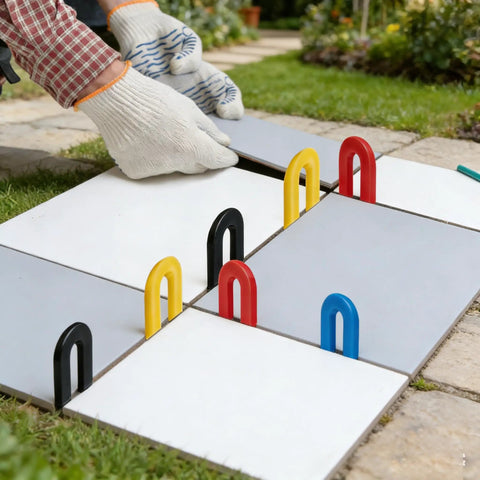 Installation of tiles using Pro Grade 1200 Piece Horseshoe Shims Set For Tile Leveling, Window And U Shims, Plastic Leveling Spacers In Four Color Codes