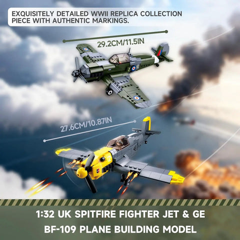 World War II Spitfire And BF109 1 To 32 Scale Building Block Set 2 In 1 Dual Model With Spinning Propeller Open Cockpit Realistic Pilots