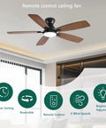 Low Profile 52 Inch Brown Ceiling Fan With Lights Remote And App Control DC Motor Quiet Flush Mount for modern living room