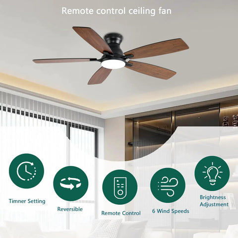 Low Profile 52 Inch Brown Ceiling Fan With Lights Remote And App Control DC Motor Quiet Flush Mount for modern living room