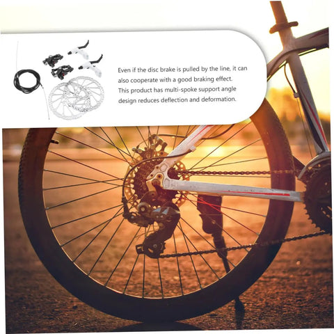 Heavy Duty CNC Machined Disc Brake Set For Mountain And Road Bikes Boasting Hollow Draining Design on bicycle wheel at sunset.