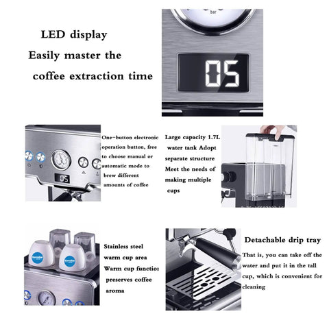 Detail view of Home Barista Style Espresso Maker with 15 Bar Pump Pressure, LED Display, and 1.7L Water Tank features.