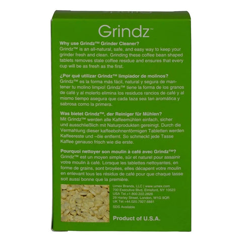 Packaging of Grindz Professional Coffee Grinder Cleaning Tablets For Home Use, green box, back view with product details.