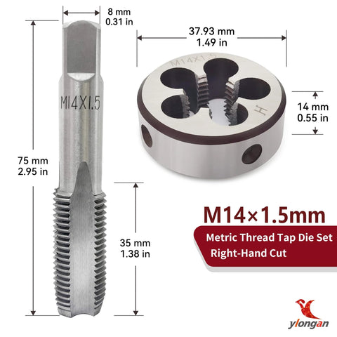 M14x1.5 Tap and Die Set for Metalworking, Right Hand Metric Thread Kit in High Speed Steel, 14 x 1.5mm
