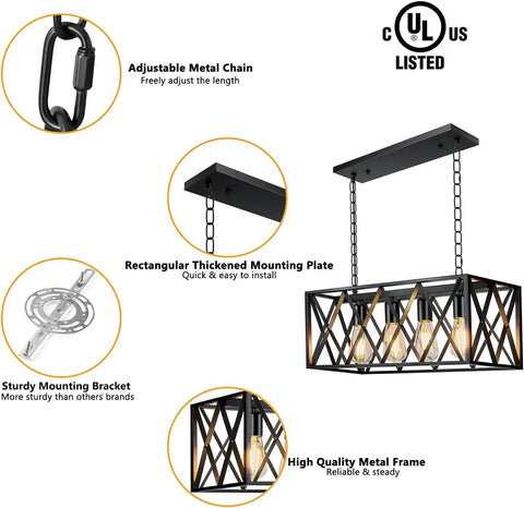 Industrial Heavy Duty Kitchen Island Pendant Light Four Light Rectangular Rustic Vintage Hanging Fixture details with UL Listing