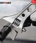 4 Piece Adjustable Wrench Set With Reversible Jaw And Box End Hex Function in use on a pipe