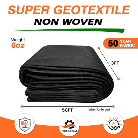 6oz Non Woven Geotextile Fabric 3 Ft By 50 Ft Heavy Duty PET Geotextile folded roll shown with dimensions