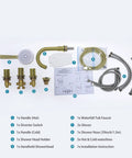 Brushed Gold Five Hole Roman Tub Faucet set with sprayer components and installation guide, solid brass material, deck mount style.