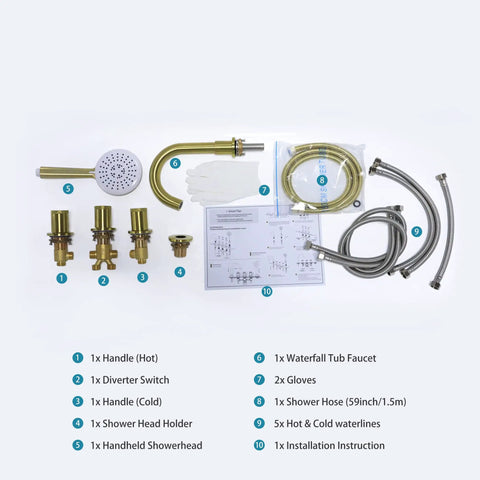 Brushed Gold Five Hole Roman Tub Faucet set with sprayer components and installation guide, solid brass material, deck mount style.