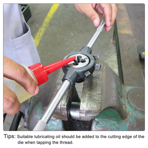 Person using One Half Inch 12 BSW Tap And Die Set Right Hand Thread Round Die for metalworking, applying oil to die.