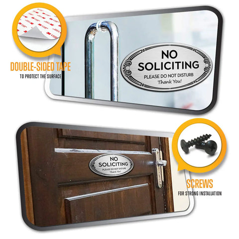 No Soliciting Sign For Home And Office 3 By 6 Inch Heavy Duty Weather Resistant Brushed Silver Mounting Hardware Included Easy Install On Wall Glass Or Doorbell shown on door handle and wooden door with installation tools