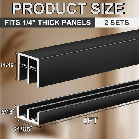 Black Aluminum Sliding Door Track Set For Four Foot Installations No Fuss DIY Friendly For One Quarter Inch Panels