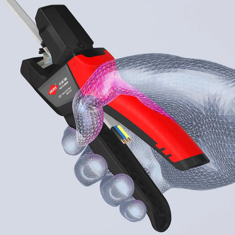 Automatic Self-Adjusting Insulation Strippers For UF And Flat Cable 10-18 AWG, ergonomic grip showing use