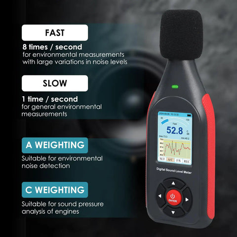 Pro Grade Portable Decibel Meter With Data Logger And 43,000 Record Capacity, 30-130 dB Range, Three Color Alarm Lights, AC Frequency And DC Output, Great For Home, Shop, And Factory Noise Monitoring black handheld sound meter with display