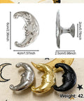 Four Piece Crescent Moon Cabinet Knobs Vintage Retro Drawer Pulls With Moody Carved Faces For Gothic Boho Kitchen and Vanity Hardware, Silver and Gold designs, 6cm size.