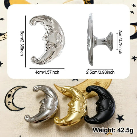Four Piece Crescent Moon Cabinet Knobs Vintage Retro Drawer Pulls With Moody Carved Faces For Gothic Boho Kitchen and Vanity Hardware, Silver and Gold designs, 6cm size.
