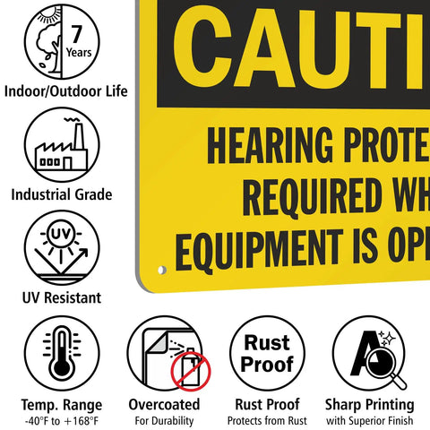 Durable Aluminum OSHA Safety Sign Caution Hearing Protection Required 7 By 10 Inches Black On Yellow Background Outdoor Sign With Rust Resistant 40 Mil Aluminum And Four Corner Mounting Holes For Quick Install