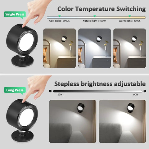 Racokky LED Wall Mounted Lights with Remote, Rechargeable Wall Sconces showcasing color temperature and brightness adjustment features.