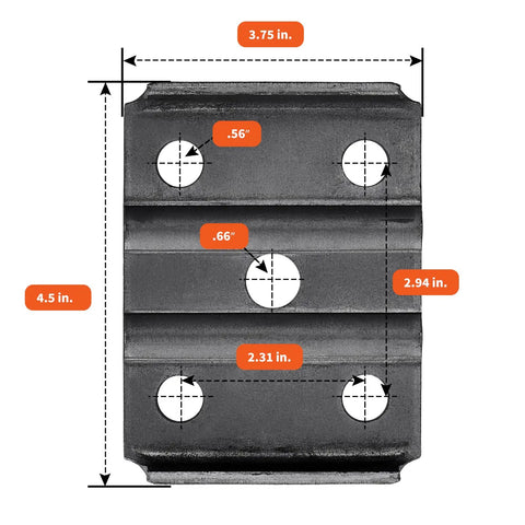 Close-up of tie plate dimensions from Trailer U Bolt Kit for 3500 Lb Round Axle, 2 3/8 Inch Beam, 1/2 Inch U Bolts, 2 Inch Thread Pitch.