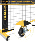 Close-up of wheeled base of Wheeled Pickleball Net Set With Regulation 22 Foot And 11 Foot Half Court Sturdy Metal Frame Easy Carry Bag