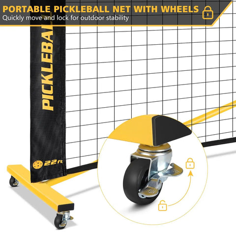 Close-up of wheeled base of Wheeled Pickleball Net Set With Regulation 22 Foot And 11 Foot Half Court Sturdy Metal Frame Easy Carry Bag