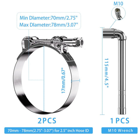 2 Pack 2.5 Inch T Bolt Hose Clamps 70 To 78mm Heavy Duty Stainless Steel Turbo Intercooler Boost Pipe Clamps with M10 Wrench