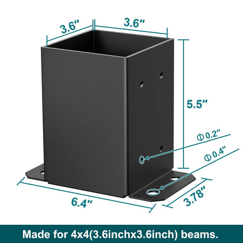 Built Tough 4x4 Post Base Set Four Metal Black Deck Post Anchors For 4x4 Posts Inner Size 3.6x3.6 Inches with dimensions shown